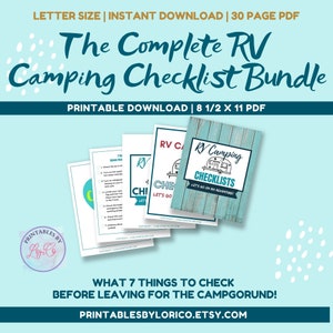 May include: A printable RV camping checklist bundle with a blue and white color scheme. The cover features a cartoon RV with the text "RV Camping Checklists" and "Let's go on an adventure!" The text "The Complete RV Camping Checklist Bundle" is in a large, bold font at the top of the image.