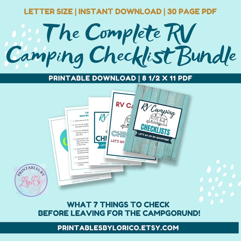 May include: A printable RV camping checklist bundle with a blue and white color scheme. The cover features a cartoon RV with the text "RV Camping Checklists" and "Let's go on an adventure!" The text "The Complete RV Camping Checklist Bundle" is in a large, bold font at the top of the image.