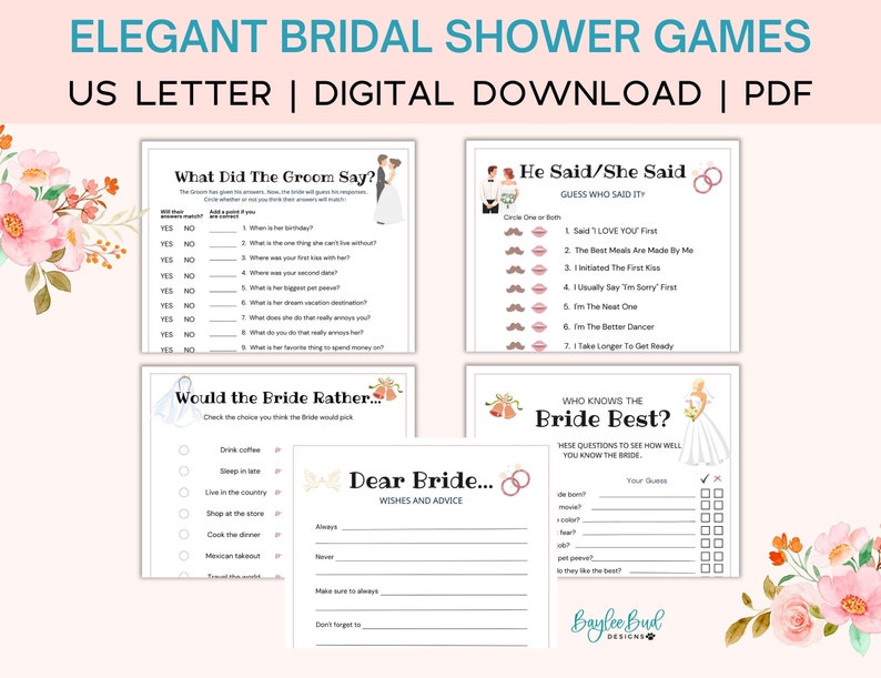 Elegant Bridal Shower Games, Wedding Shower Games, Bridal Party Games, Shower Games Bundle, Bride Groom Shower, Would Bride Rather image 3