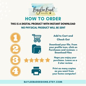 May include: A four-step guide on how to order a digital product with instant download. The steps are numbered 1 through 4 and include icons for adding to cart, downloading a file, leaving a review, and printing. The text reads "This is a digital product with instant download. No physical product will be sent. Add to Cart and Check Out. Download your file. From your profile icon, click on Purchases and reviews -> Download Files. Hope you enjoy your purchase. Leave us a 5 star review. Print as many copies as you want from your home computer!"
