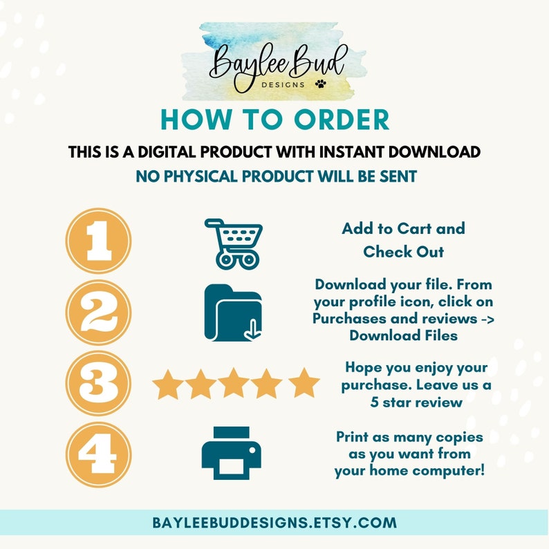 May include: A four-step guide on how to order a digital product with instant download. The steps are numbered 1 through 4 and include icons for adding to cart, downloading a file, leaving a review, and printing. The text reads "This is a digital product with instant download. No physical product will be sent. Add to Cart and Check Out. Download your file. From your profile icon, click on Purchases and reviews -> Download Files. Hope you enjoy your purchase. Leave us a 5 star review. Print as many copies as you want from your home computer!"