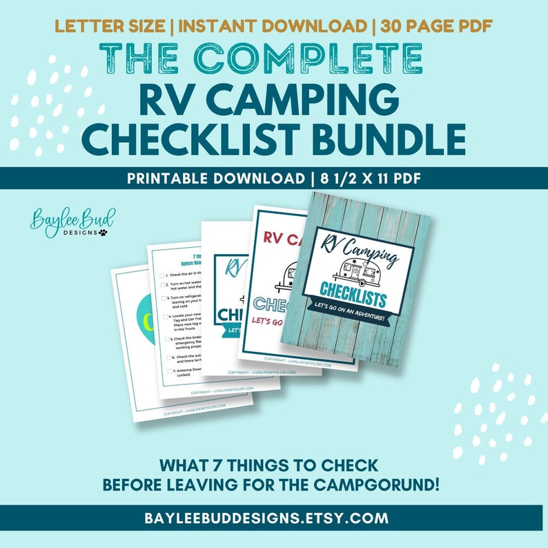 K&ouml;nnte beinhalten: Ein druckbares RV-Camping-Checklistenpaket in blau-wei&szlig;em Farbschema. Das Cover zeigt einen Cartoon-Wohnwagen mit dem Text "RV Camping Checklists" und "Let's go on an adventure!" Das Paket enth&auml;lt 30 Seiten mit Checklisten zur Vorbereitung auf eine Wohnmobilreise.