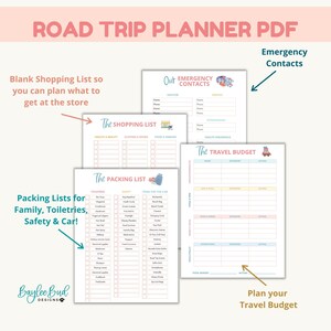 May include: A printable road trip planner PDF with checklists for packing, shopping, and budgeting. The planner includes sections for toiletries, safety items, clothes, food, and snacks. It also has a section for emergency contacts and a travel budget.