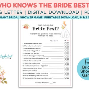 Bridal Shower Game, Who Knows The Bride, Bridal Party Game, Printable Bridal Shower Game, Wedding Shower Game, Bride Groom Shower