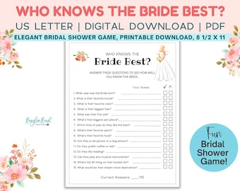 Bridal Shower Game, Who Knows The Bride, Bridal Party Game, Printable Bridal Shower Game, Wedding Shower Game, Bride Groom Shower