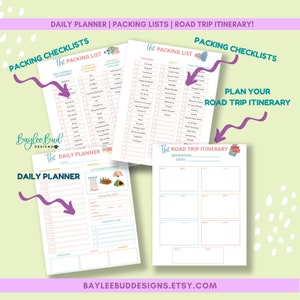 May include: Printable road trip planner with packing checklists and a daily itinerary. The planner features a pink and blue color scheme with illustrations of a camper van, tent, and suitcase.