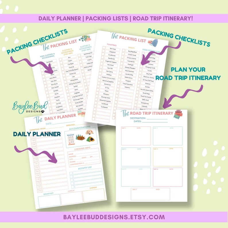 May include: Printable road trip planner with packing checklists and a daily itinerary. The planner features a pink and blue color scheme with illustrations of a camper van, tent, and suitcase.