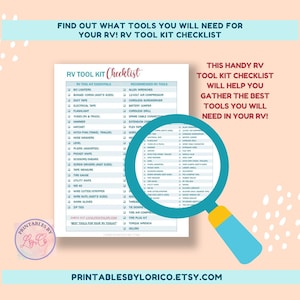 May include: A printable checklist of RV tools, with a magnifying glass highlighting the list of recommended RV tools. The checklist includes essential tools like duct tape, tire gauge, and WD-40, as well as recommended tools like Allen wrenches, a 12-volt air compressor, and a cordless drill.