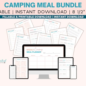 May include: A printable camping meal bundle with a weekly meal planner, daily meal planner, grocery checklist, and shopping list. The bundle is available as an instant download and is 8.5 inches by 11 inches.