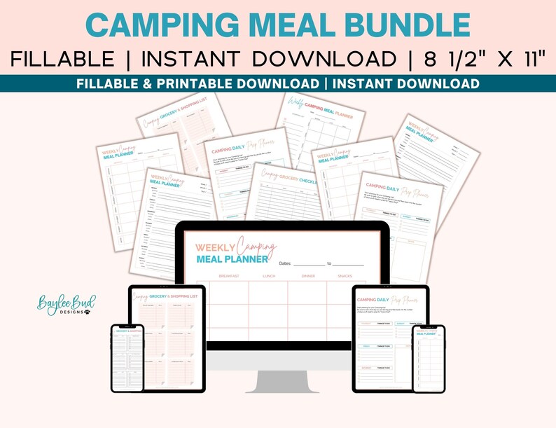 May include: A printable camping meal bundle with a weekly meal planner, daily meal planner, grocery checklist, and shopping list. The bundle is available as an instant download and is 8.5 inches by 11 inches.