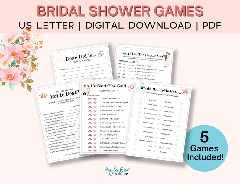 Elegant Bridal Shower Games, Wedding Shower Games, Bridal Party Games, Shower Games Bundle, Bride Groom Shower, Would Bride Rather image 1