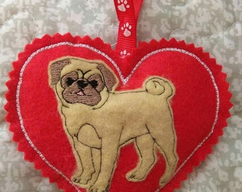 Pug heart hanging decoration embroidery file