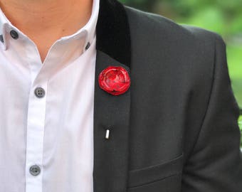 Custom Red Flower Lapel Pin, Steel Rose Brooch, Red Flower Pin, Wedding Flower Boutonniere, Prom Flower Pin, Red Flower Badge, Gifts for Him