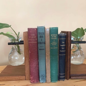 Repurposed Wood Book End Set with Propagating Vases