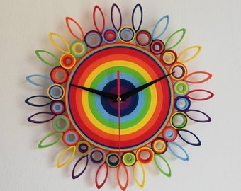 Wall Clock, Rainbow Decor, Paper Clock, Handmade Furniture, Unique Wall Clock, Rainbow Clock