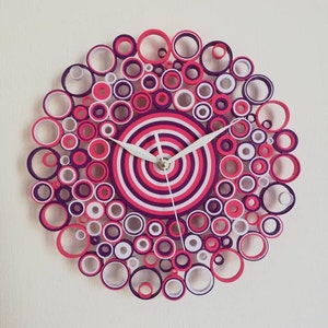 Orologio da Parete Unico, Orologio di Carta fucsia viola e bianco, No Ticchettio, Primo Anniversario Matrimonio, Orologio Unico e Originale