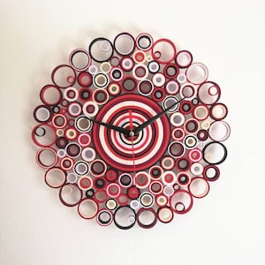 Paper Wall Clock, Unique Wall Decor, Unusual Wall Clocks, Silent Clock, Rustic Decoration, Housewarming Gift, Red Black Clock image 1