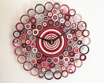Paper Wall Clock, Unique Wall Decor, Unusual Wall Clocks, Silent Clock, Rustic Decoration, Housewarming Gift, Red Black Clock