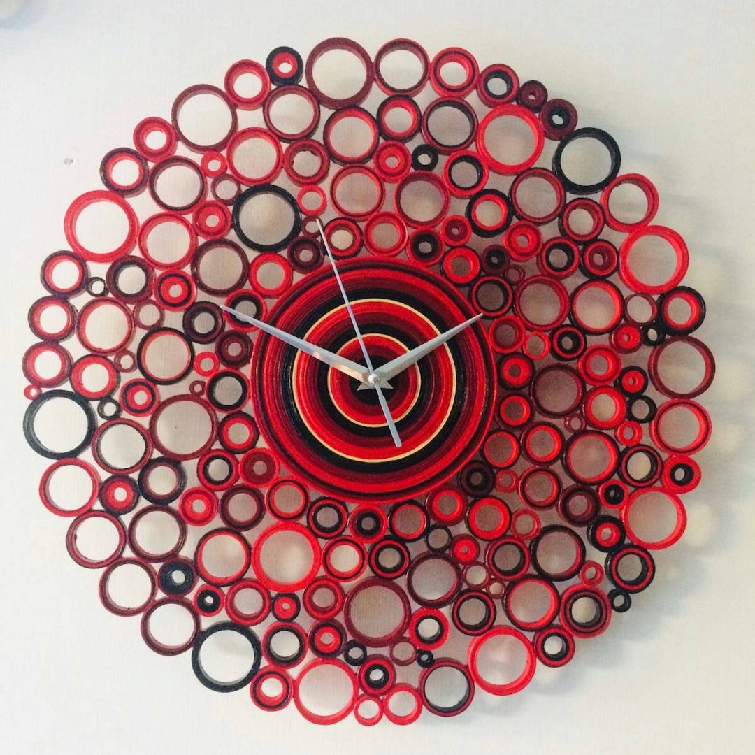 Wall Clock, Paper Clock, Red Black Burgundy Clock Decor, Housewarming