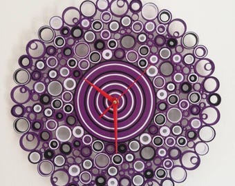 Quilling Art, 1st Anniversary Paper Clock, Paper Art, Unique Wall Art, Home Decor Wall, Purple White and Black Wall Clock
