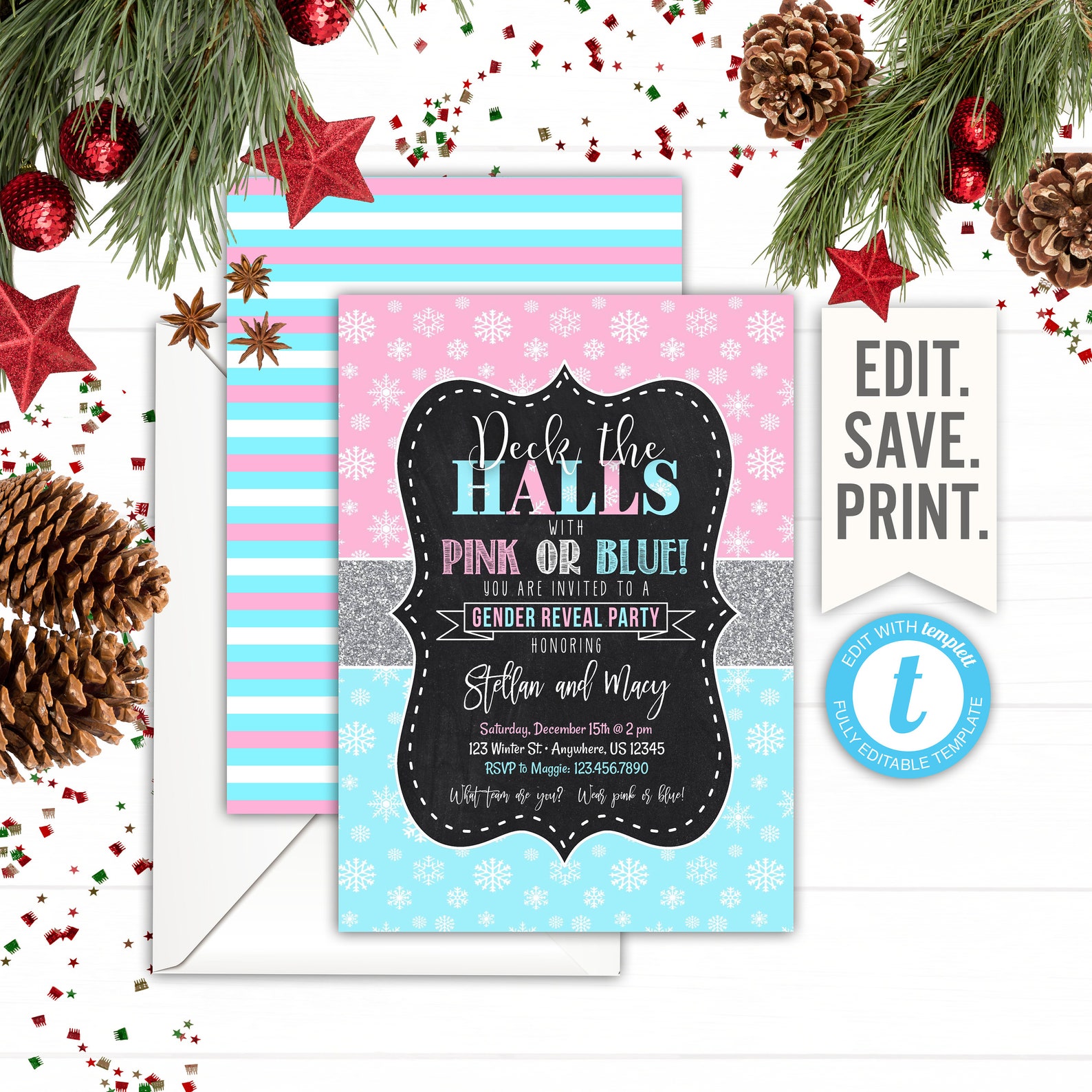Christmas Gender Reveal Invitation Editable Gender Reveal Etsy