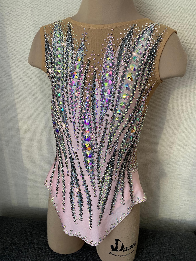 May include: A light pink leotard with a nude mesh overlay on the shoulders and upper back. The leotard is heavily embellished with iridescent rhinestones and crystals in a feather-like pattern. The design is symmetrical and covers the front and back.