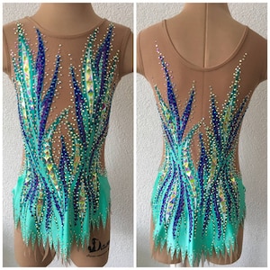 May include: A turquoise leotard with a sheer mesh overlay and a design of blue and purple flames. The leotard is embellished with rhinestones.