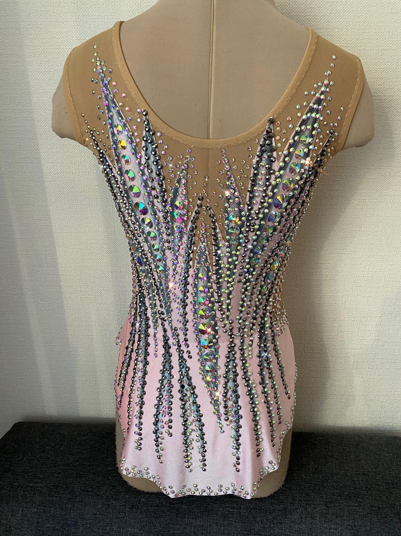 May include: A pink leotard with a nude mesh upper section, adorned with iridescent rhinestones in a stylized feather design. The rhinestones are arranged in vertical lines and clusters, creating a sparkling effect. This garment is designed for gymnastics or dance performances.