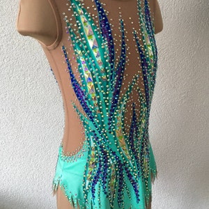 May include: A turquoise leotard with a sheer mesh overlay and a design of blue and green flames. The leotard is embellished with rhinestones.