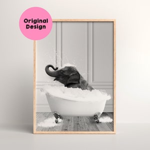 Elephant in Bath Tub Print, Elephant Bathing, Print, Animal in bathtub, Elephant Bath Print, Funny Whimsy Animal, Black and White
