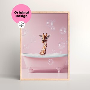 May include: A giraffe with a pink bathtub and bubbles in a pink room.