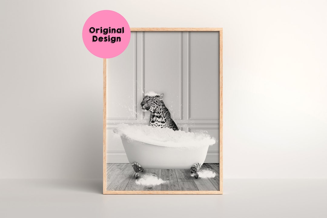 Leopard in Bath Tub Print, Leopard Bathing, Print, Animal in Bathtub