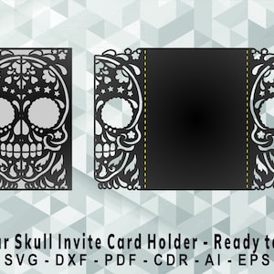 Zuckerschädel-Einladen-Halter-Schneideschablone, Laser-Schnitt, Cricut, Silhouette Studio. Digitaler Download, (svg, cdr, ai, eps, dxf, pdf)