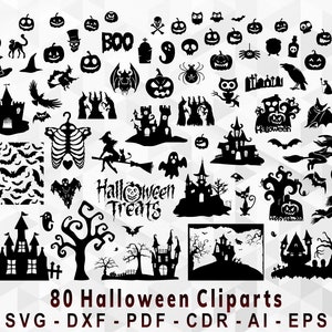 80 Halloween Cliparts Halloween Graphics Pumpkin Witch Graveyard SVG -EPS - PDF - Cdr - Ai - Dxf
