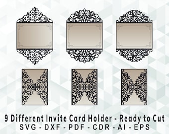 Puede incluir: Nueve diseños diferentes de corte láser para porta tarjetas de invitación. Los diseños presentan intrincados patrones florales y están listos para cortar. Los diseños están disponibles en los formatos SVG, DXF, PDF, CDR, AI y EPS.