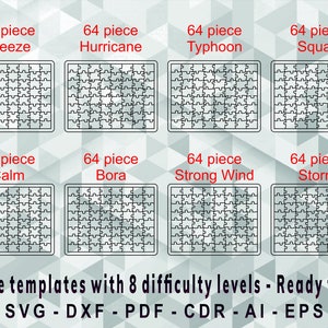 8 Difficulty Levels Puzzle template, Laser Cut, Cricut, Silhouette Studio. Digital Download, (svg, cdr, ai, eps, dxf, pdf) Active