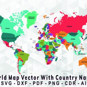 Detaillierte Landkarte der Welt mit Ländernamen SVG, DXF, PDF, Ai, Png
