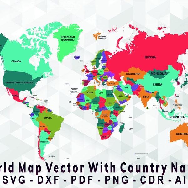 Detailed Map of World  With Country Names SVG, DXF, PDF, Ai, Png