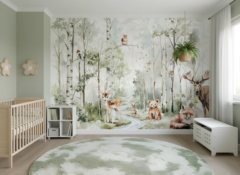 Wallpaper Kids Mountain Nursery Woodland Animals Forest Wall Mural Pine ...
