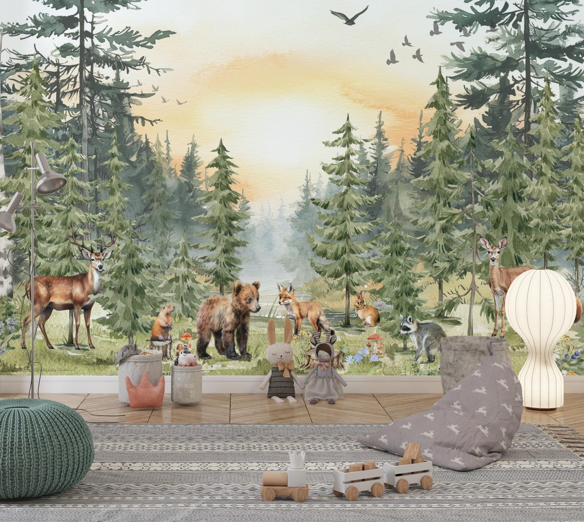 Forest Animals Nursery Wallpaper Woodland Wall Art Watercolor Pine ...