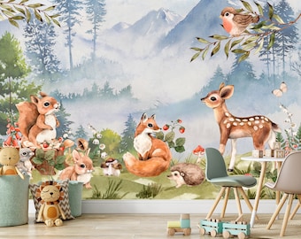 Wandbild Kinder Tapete, Tiere, Wald, Kinderzimmer Bär Reh Fuchs schälen und aufkleben, selbstklebendes Wanddekor Wandbild, Wandbilder Aquarell Poster