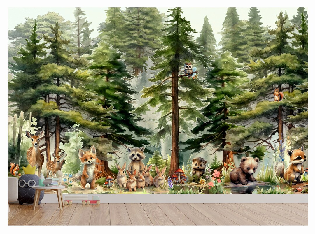 Wall Mural Kids Wallpaper, Animals, Woodland, Nursery Bear Deer Fox ...