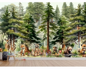 Wandbild Kinder Tapete, Tiere, Wald, Kinderzimmer Bär Reh Fuchs schälen und aufkleben, selbstklebendes Wanddekor Wandbild, Wandbilder Aquarell Poster