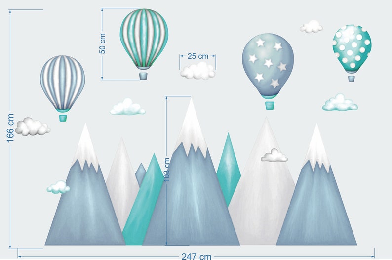 Adesivo da parete per bambini Montagne, Mongolfiere Decalcomania murale per ragazzi Montagna, Nuvole, Palloncini Decorazioni per la stanza dei bambini per ragazze Arte della parete immagine 9