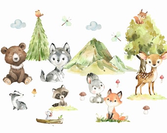 Woodland nursery wall decals, nursery wall decals, forest animals wall decals, forest decal, rabbit decal, woodland wall stickers watercolor