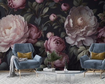 Tapete Blume Rose Pfingstrosen selbstklebend Vlies Vintage Retro Barock Wandbild botanische Wanddekoration Wohnzimmer