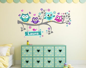 Wand-Aufkleber Eule Eulen personalisierte Namen Wandtattoo, Dschungel Tiere Aufkleber Dekor, Mädchen Kinderzimmer Zimmer Dekor Wand Kunst Bäume Childroom Jungen