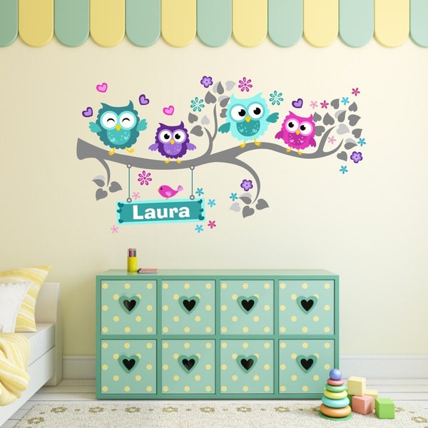 Wall Stickers Owl Owls personalized name Wall Decal, Jungle Animals Sticker Decor, Girls Nursery Room Decor Wall Art Trees Childroom Boys