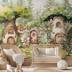 Papier peint fée magique - papier peint fée des forêts lunatique pépinière forêt aquarelle arbres animaux sauvages décoration de chambre filles