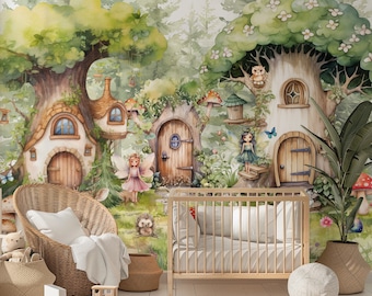 Magical Fairy Wall Mural - Whimsical Forest Fairy Wallpaper Nursery Woodland Watercolor Trees Wild Animals Peel and Stick Girls Room Decor